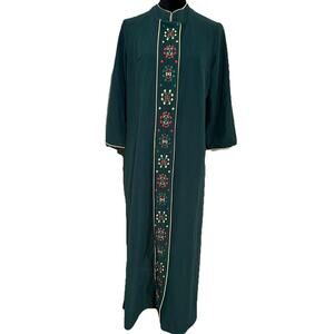 I. Appel Vintage 1970s Folk Embroidered Robe House Coat Grandmacore Sz M Green